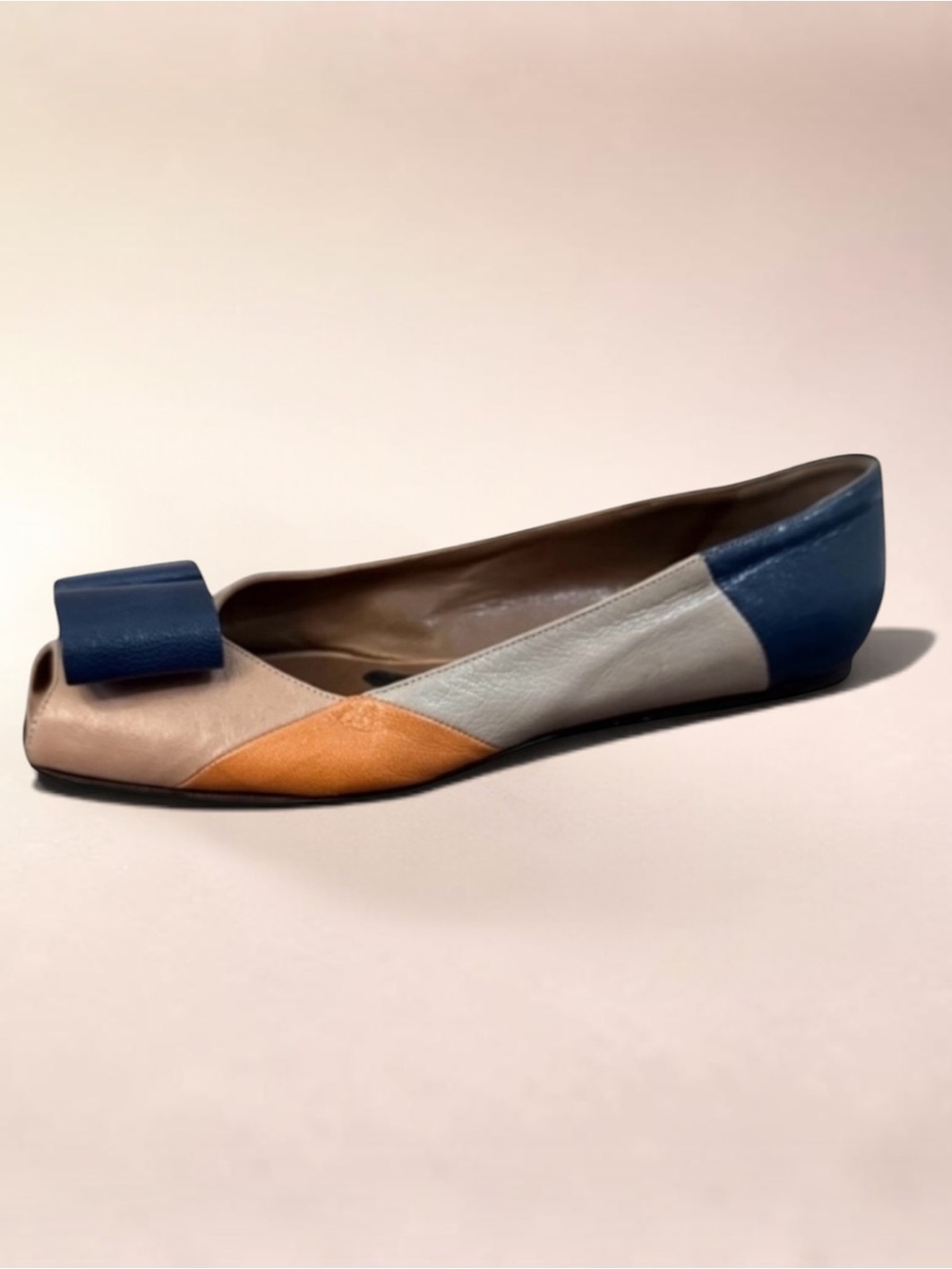 MARNI Colorblock Leather Peep Toe Bow Flats